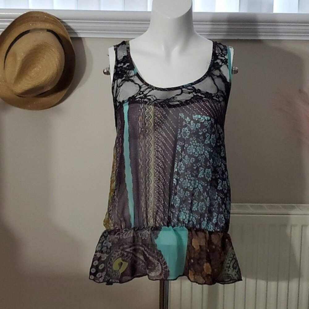 Vintage 90s Boho Paisley Patchwork Sheer Colourful Tank Top